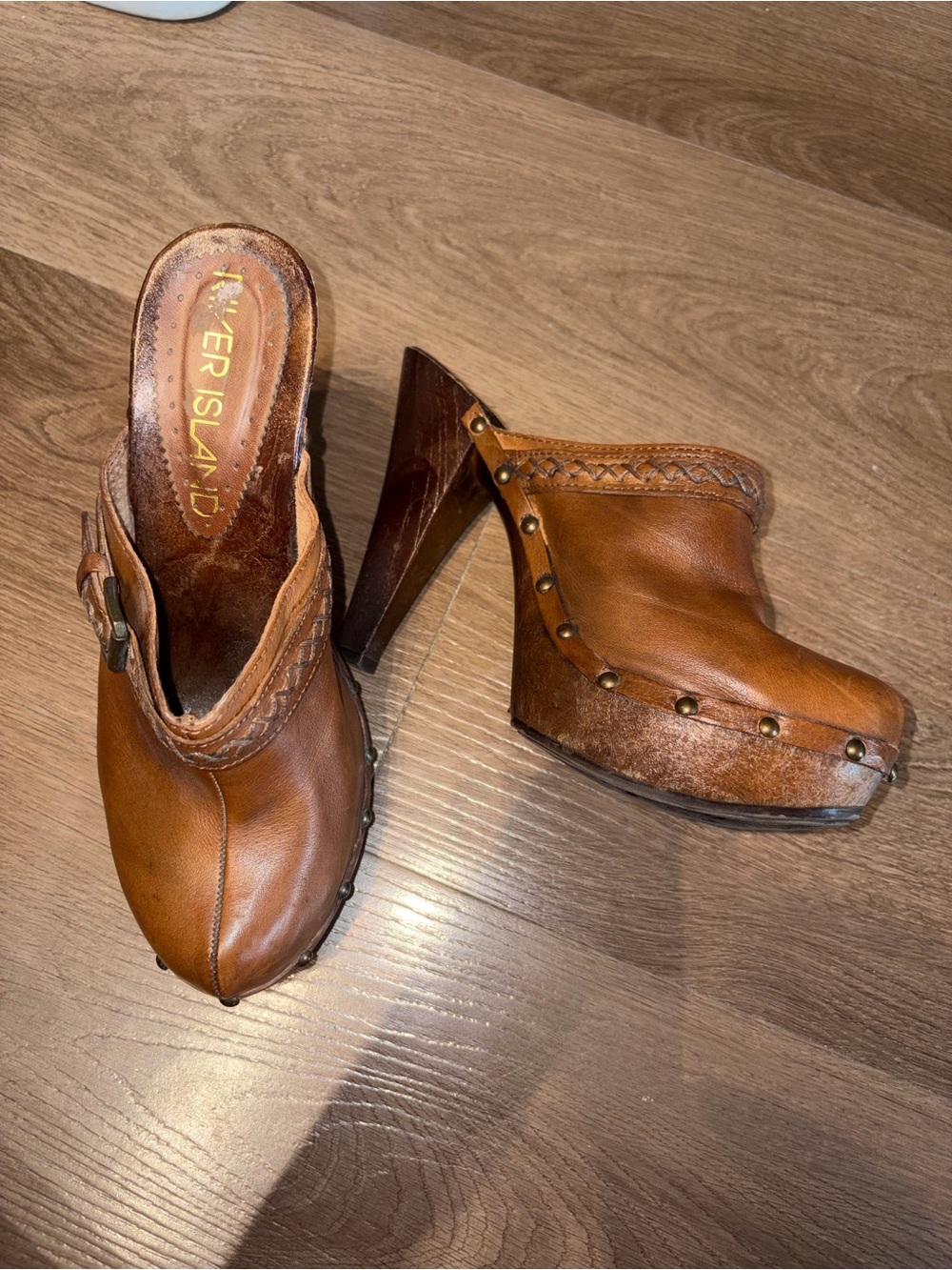 Vintage River Island Brown Leather High Heel Clog Mules